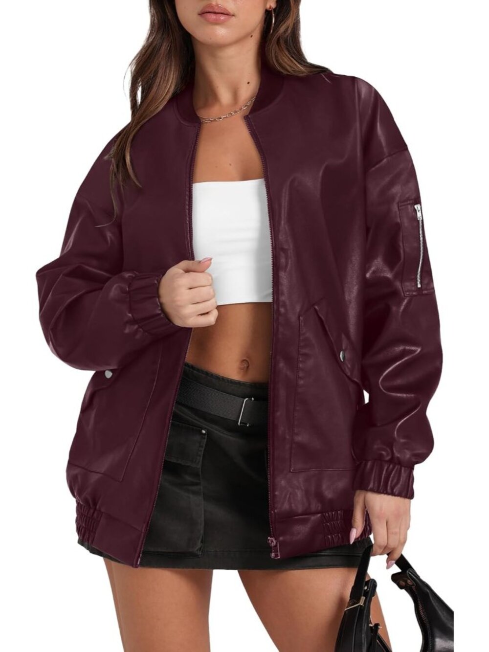 Women's Burgundy Leather Jacket Oversized Motorcycle Bomber Fall Fashion Coats